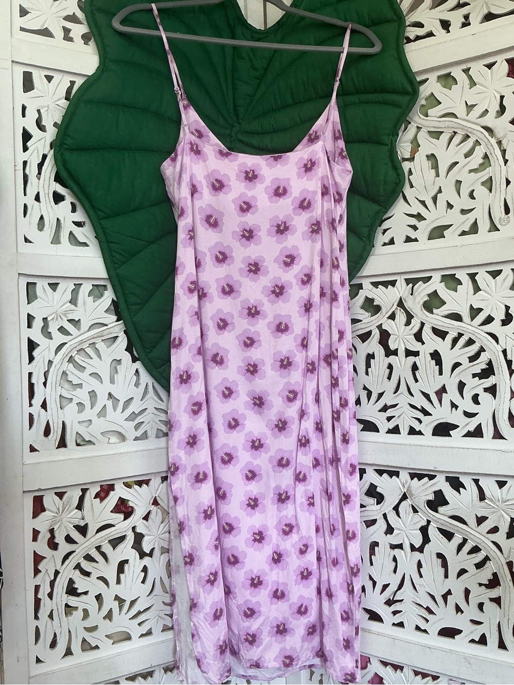 Lokahi Swimwear midi rayon slip dress, purple hibiscus print, size XS
